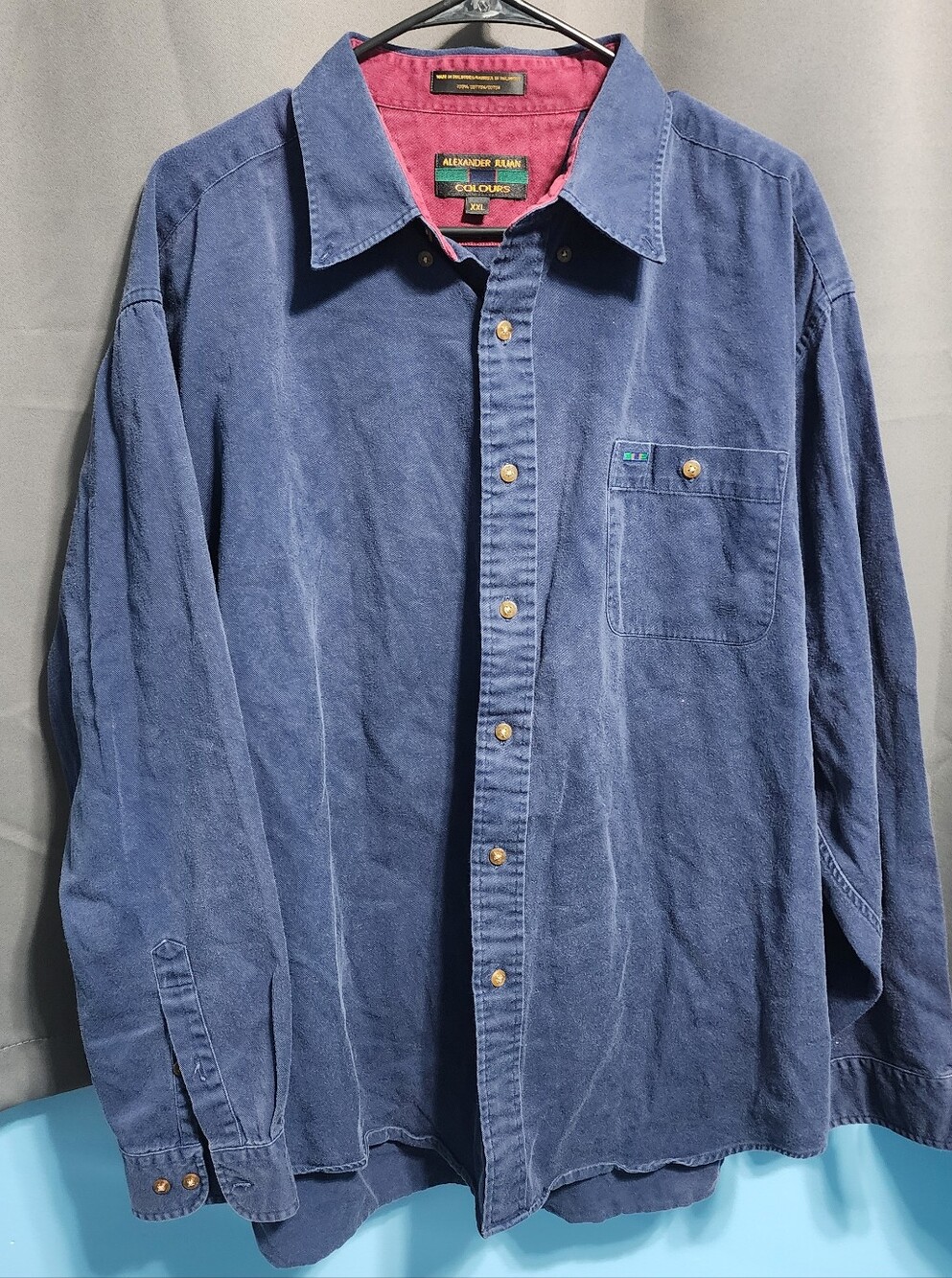 Vtg Alexander Julian Colours Shirt XXL Blue 100% Cotton Button Up 90s Flaw